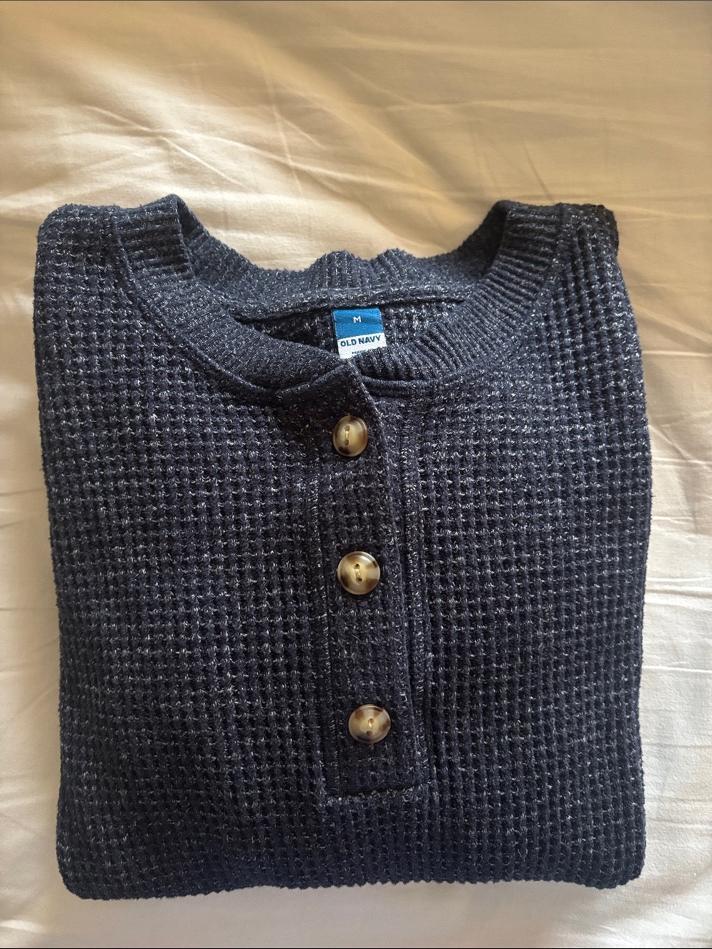Old Navy Dark Blue Waffle Knit Crewneck Sweater with Button Placket